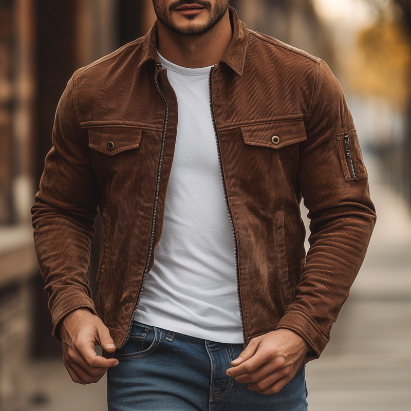 Men's Vintage Solid Color Corduroy Lapel Zipper Placket Slim Fit Cargo Jacket DTT25081206