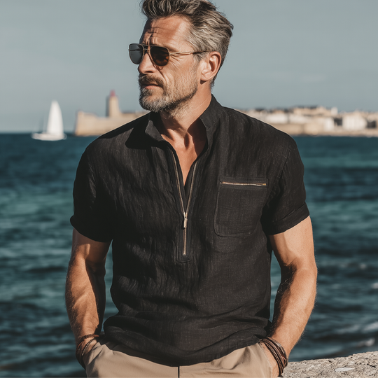 Men's Summer Retro Stand Collar Half Zip Cotton Short Sleeve T-Shirt DTT25070807