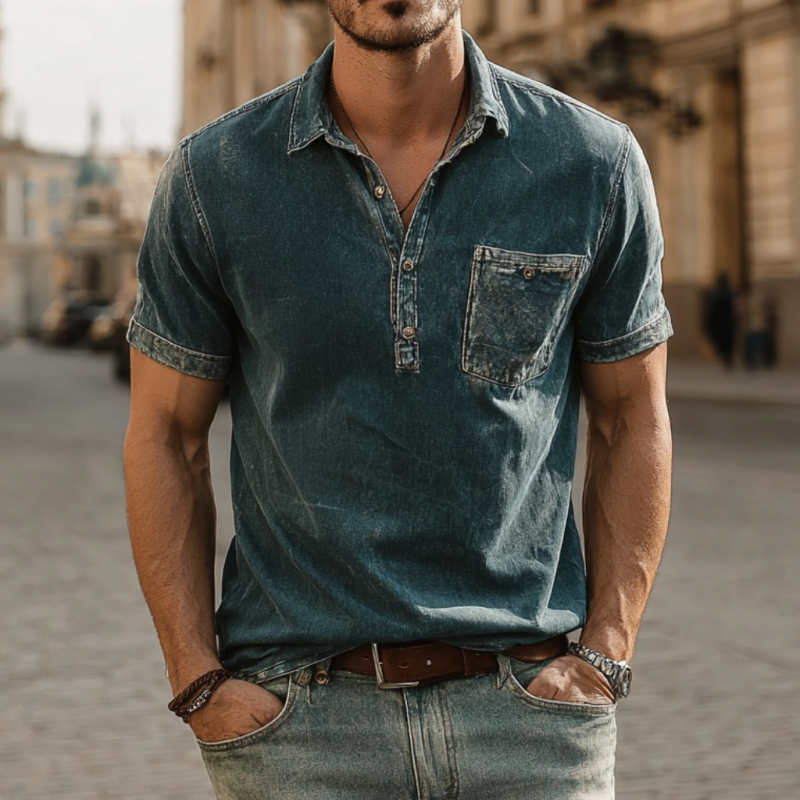 Men's Casual Outdoor Denim Washed Distressed Lapel Patch Pocket Slim Fit Short-sleeved Polo Shirt DTT25062319