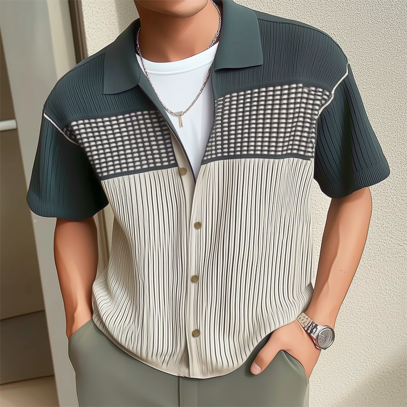 Men's Business Colorblock Knitted Button Short Sleeve Shirt DTT25072309
