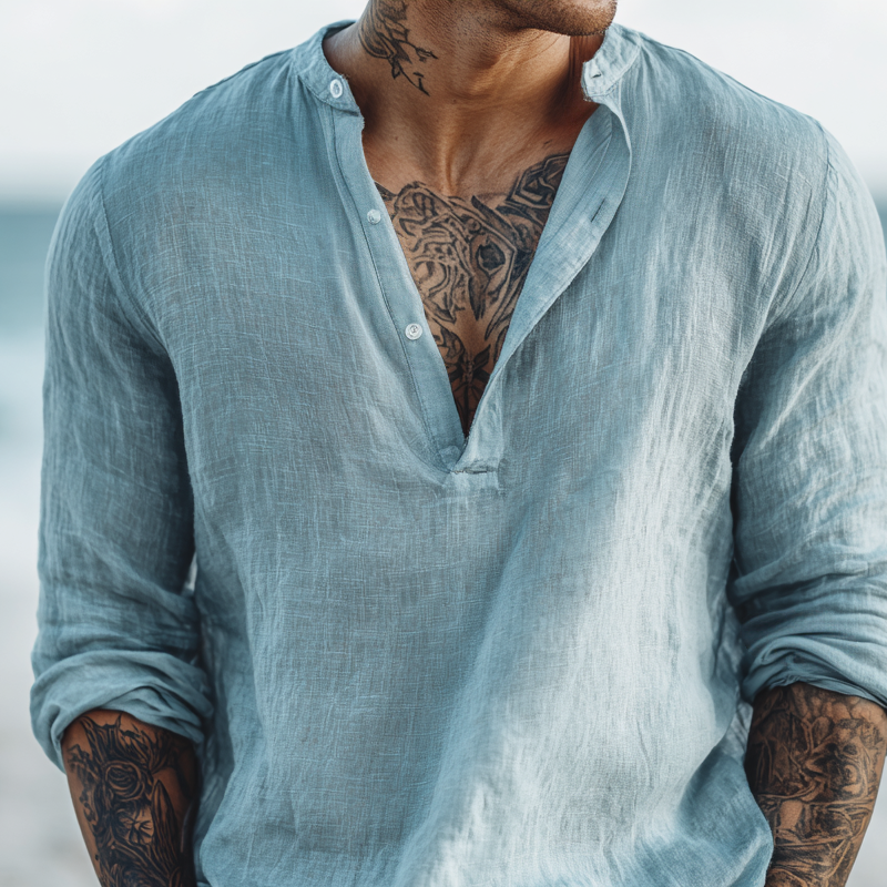 Men's Solid Cotton And Linen Henley Collar Long Sleeve Shirt DTT25081516