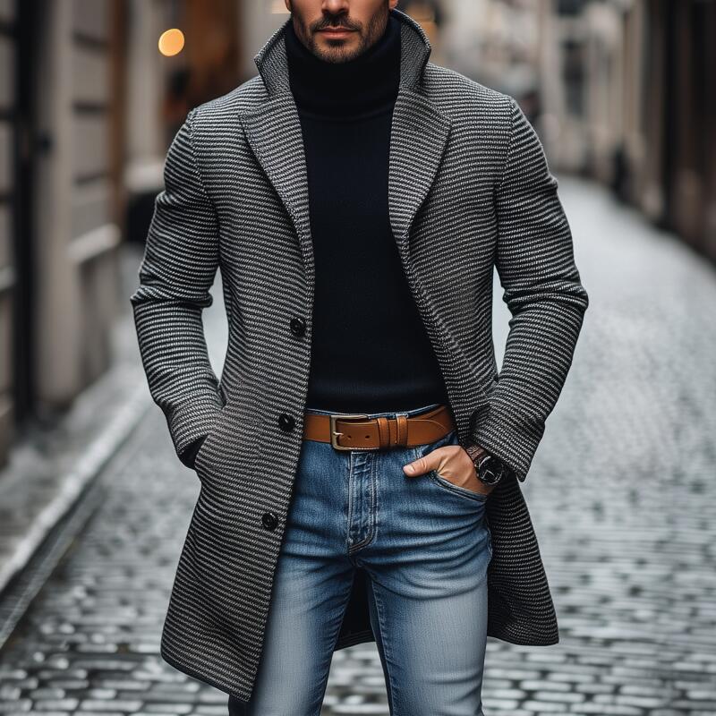 Men's Vintage Wool Blend Houndstooth Notch Lapel Single-breasted Loose Mid-length Coat DTT25082802