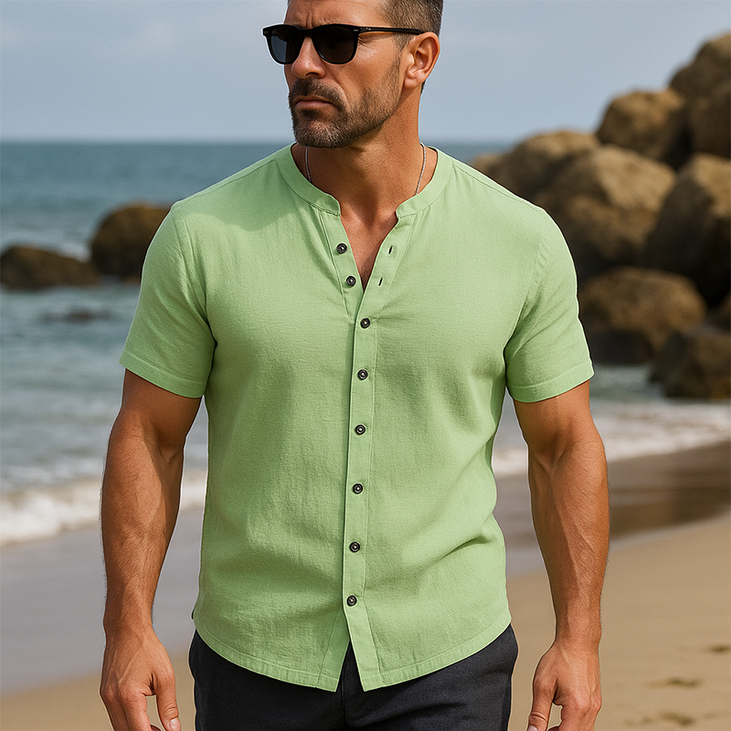 Men's Summer Fashion Solid Color Linen Short Sleeve Shirt DTT25061005