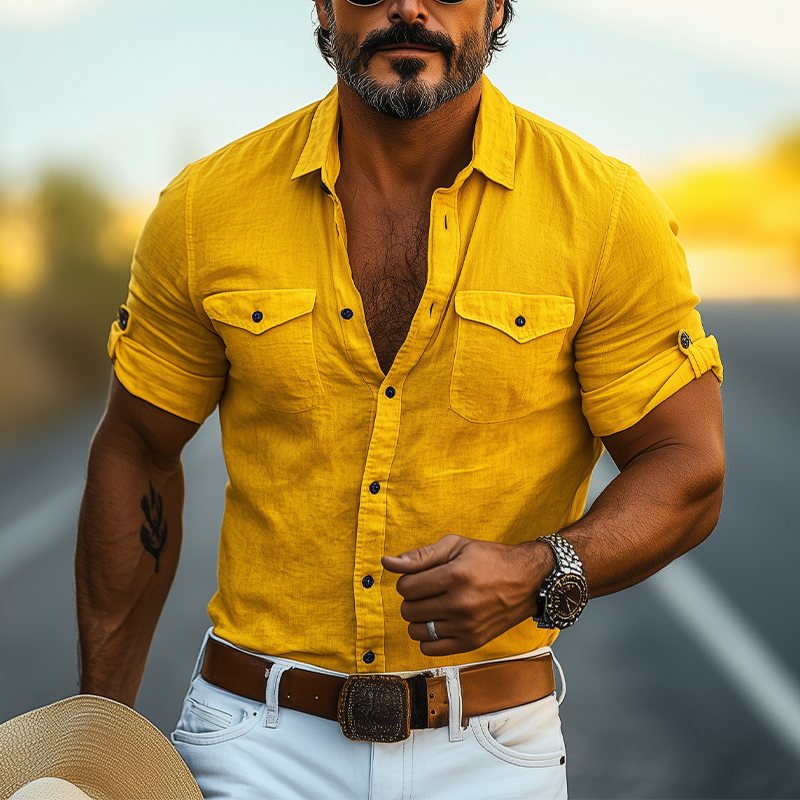 Men's Casual American Western Tough Style Tencel Linen Slim Short-sleeved Shirt DTT25061720