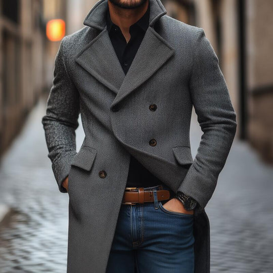 Men's Vintage Wool Blend Herringbone Pattern Notch Lapel Double-breasted Slim Fit Mid-length Coat DTT25082715