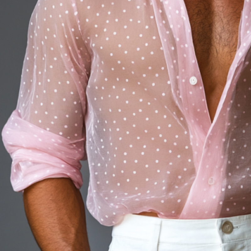 Men's Stylish Polka Dot Transparent Chiffon Lapel Long Sleeve Shirt 9899721949368