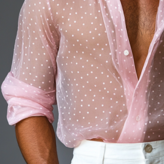 Men's Stylish Polka Dot Transparent Chiffon Lapel Long Sleeve Shirt 9899721949368