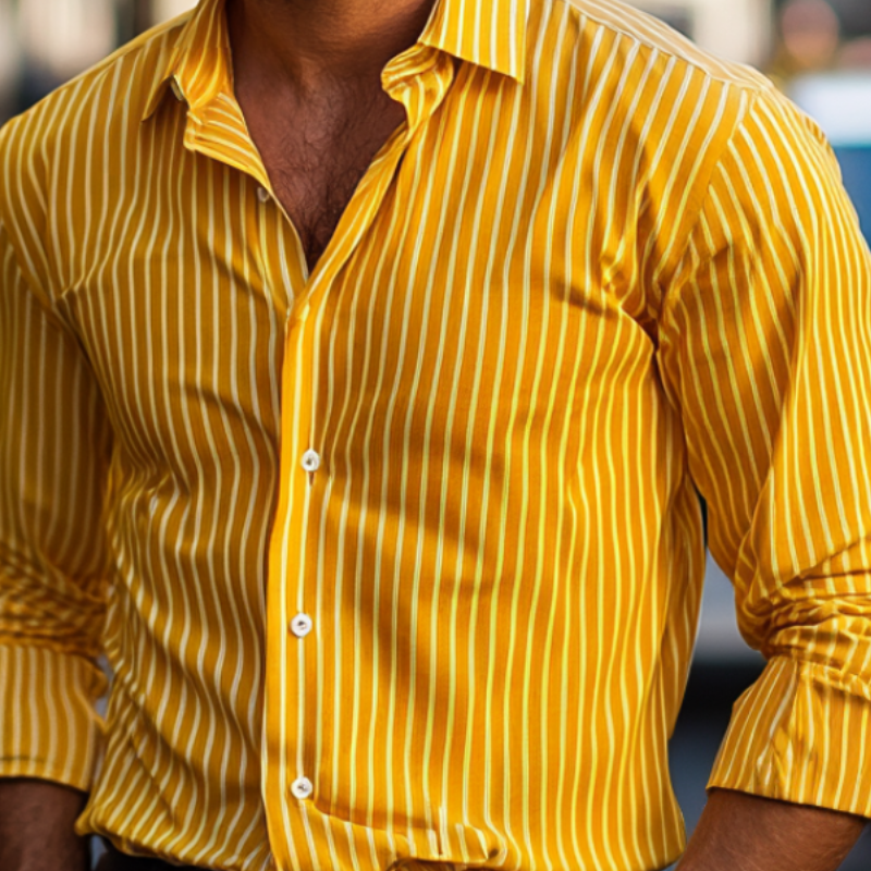 Men's Yellow Striped Lapel Long Sleeve Shirt 9892050337976