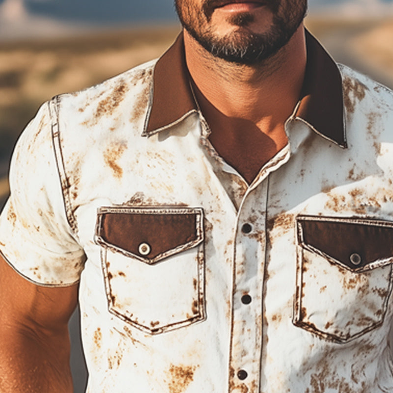 Men's Summer Western Cowboy Style Colorblock Print Short Sleeve Shirt DTT25060618