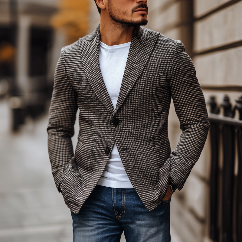 Men's Vintage Houndstooth Peak Lapel Single-breasted Slim-fit Blazer DTT25080701