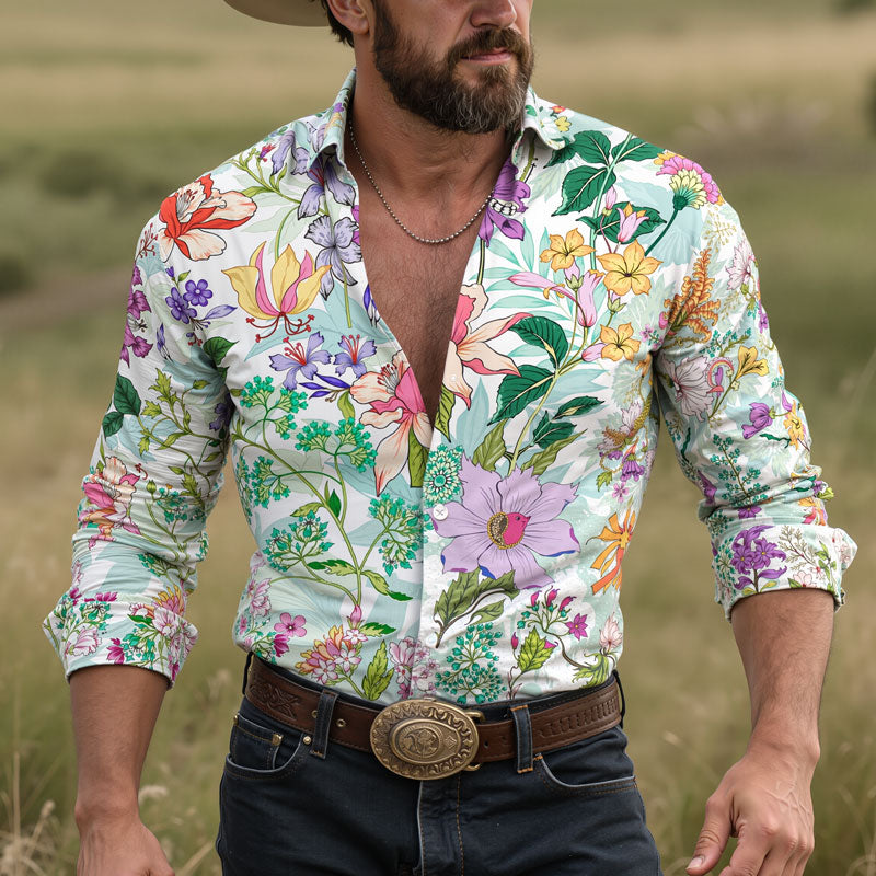 Men's Hawaiian Floral Print Long Sleeve Lapel Shirt Dtt795803320