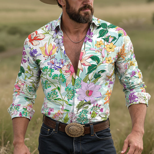 Men's Hawaiian Floral Print Long Sleeve Lapel Shirt Dtt795803320