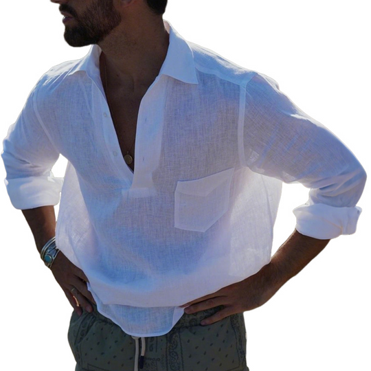 Men's Casual Solid Color Breathable Linen Button-up Lapel Patch Pocket Loose Long Sleeve Shirt DTT25070914