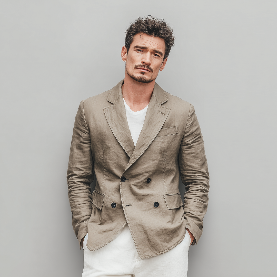 Men's Classic Casual Cotton And Linen Blend Solid Color Double Breasted Blazer DTT25073013