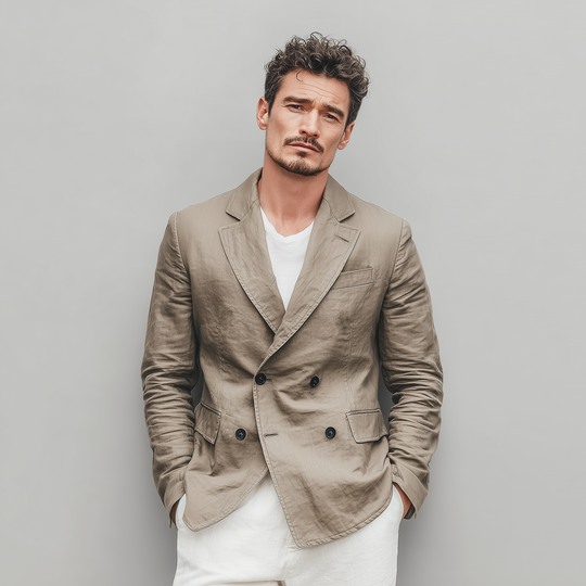 Men's Classic Casual Cotton And Linen Blend Solid Color Double Breasted Blazer DTT25073013