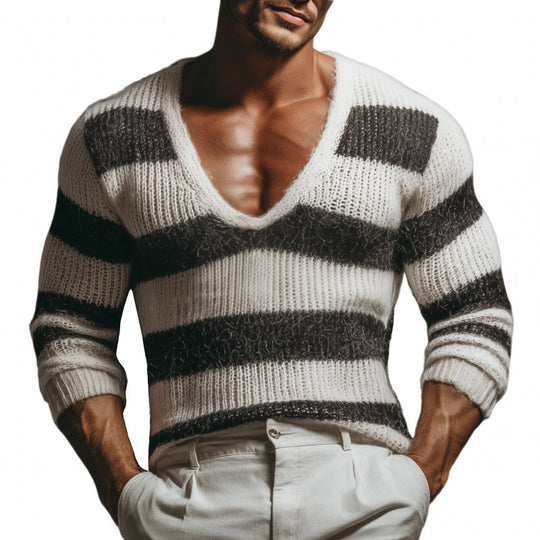 Men's Casual Deep V-neck Contrast Striped Slim Fit Knitted Long-sleeved Sweater DTT25080402