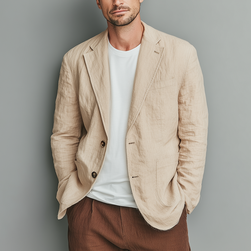 Men's Classic Casual Cotton And Linen Solid Color Single-breasted Two-button Blazer DTT25073019