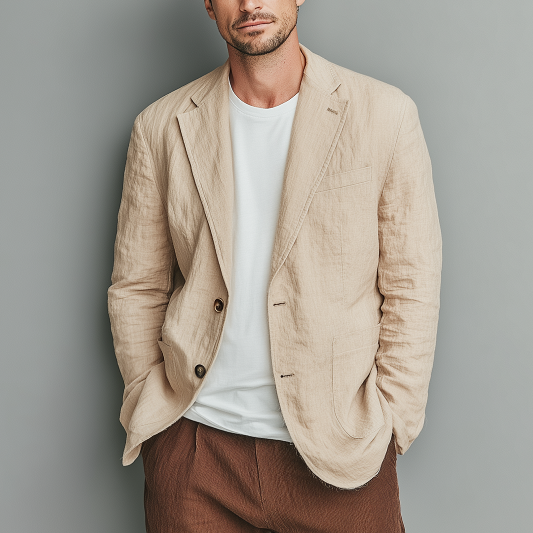 Men's Classic Casual Cotton And Linen Solid Color Single-breasted Two-button Blazer DTT25073019