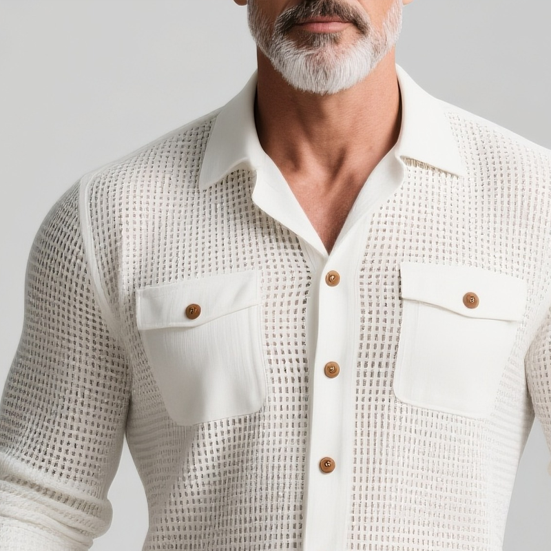 Men's Solid Hollow Out Fabric Lapel Long Sleeve Shirt DTT25073111