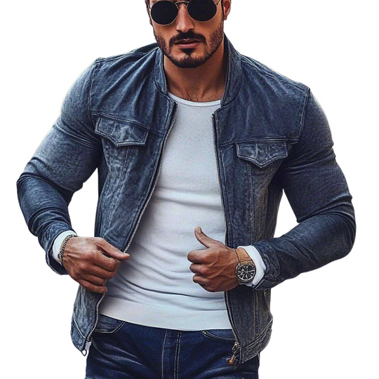 Men's Stylish Motorcycle Washed Stand Collar Zipper Denim Jacket DTT25080109