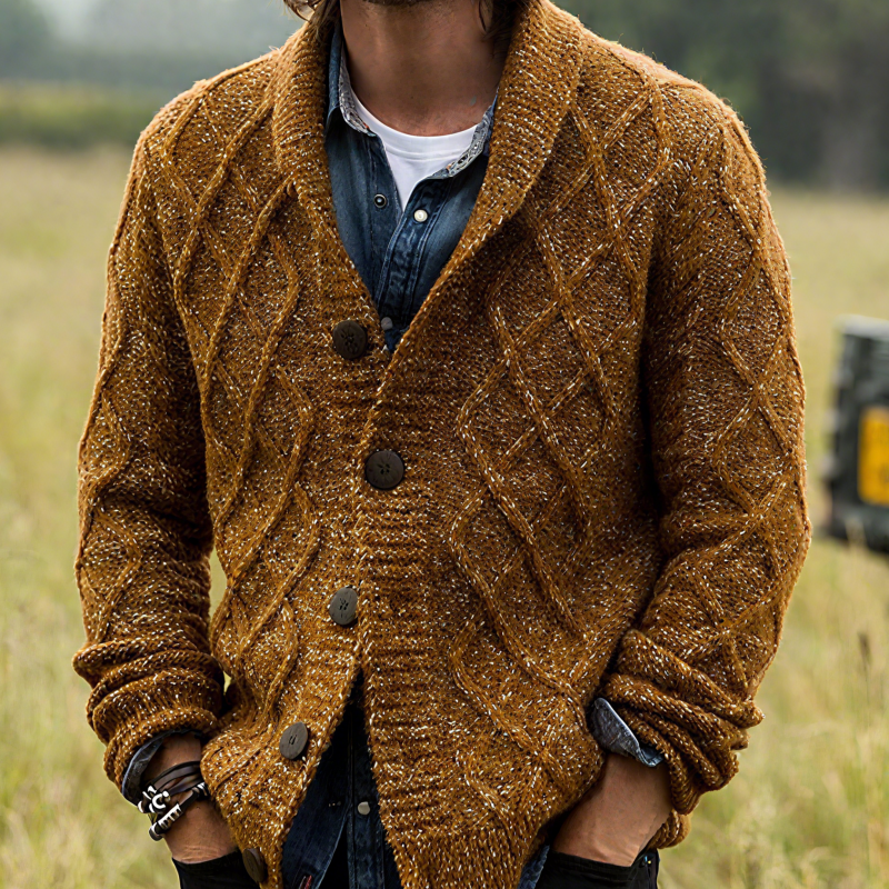 Men's Vintage Shawl Collar Single-Breasted Loose Diamond Jacquard Knit Cardigan DTT25081508