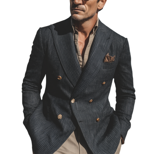 Men's Stripe Print Double Breasted Blazer DTT25071803