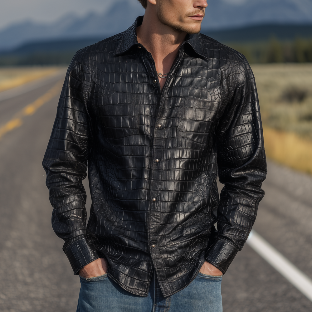 Men's Retro Fashion Textured Leather Long Sleeve Shirt DTT25081317