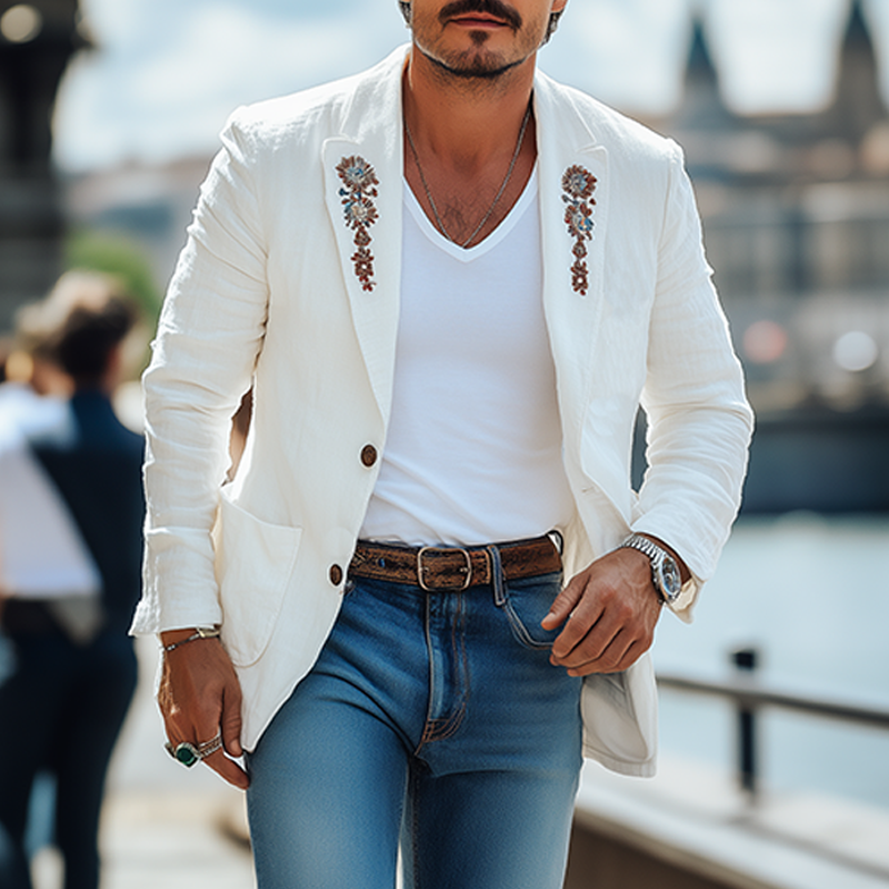 Men's Casual Fashion Spring And Summer Thin Cotton And Linen Embroidered Single-breasted Blazer DTT25061018
