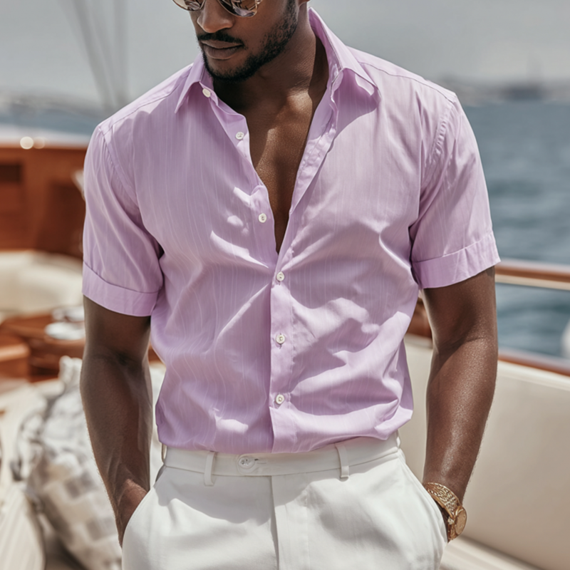Men's Fashion Breathable Cotton Blended Lapel Slim Fit Short Sleeve Shirt DTT25070220
