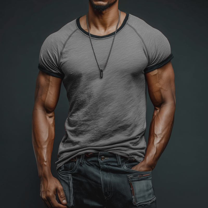 Men's Casual Breathable Skin-friendly Cotton Colorblock Round Neck Slim Short-sleeved T-shirt DTT25072205