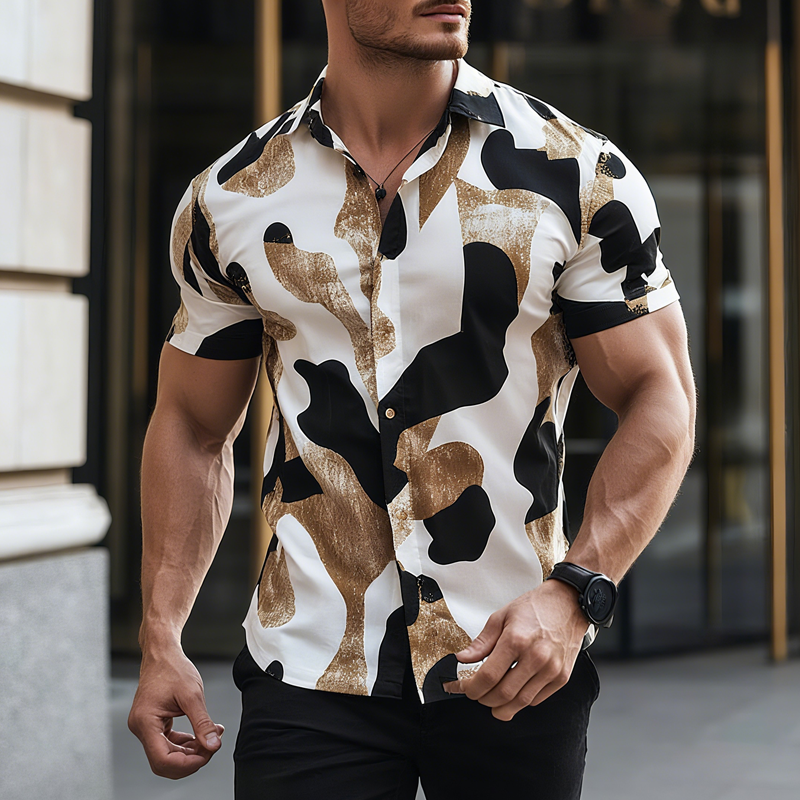 Men's Graffiti Print Lapel Short Sleeve Shirt DTT25070202