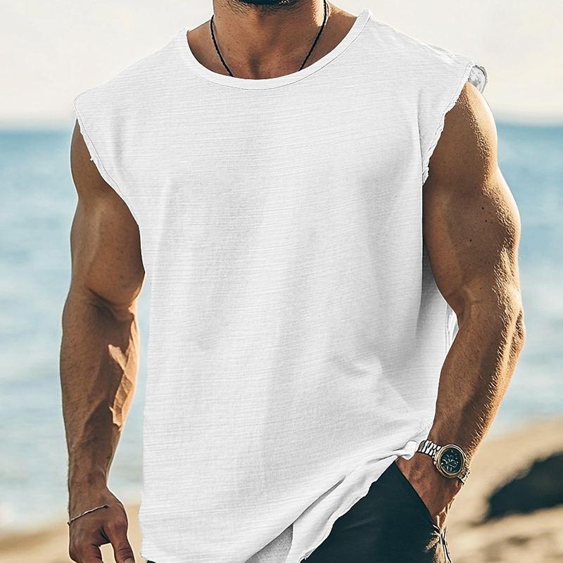 Men's Solid Color Round Neck Cotton Blend Sleeveless T-Shirt DTT25072509