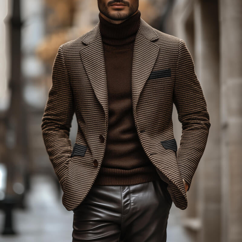 Men's Vintage Colorblock Patchwork Houndstooth Notch Lapel Single-breasted Slim-fit Blazer DTT25082719