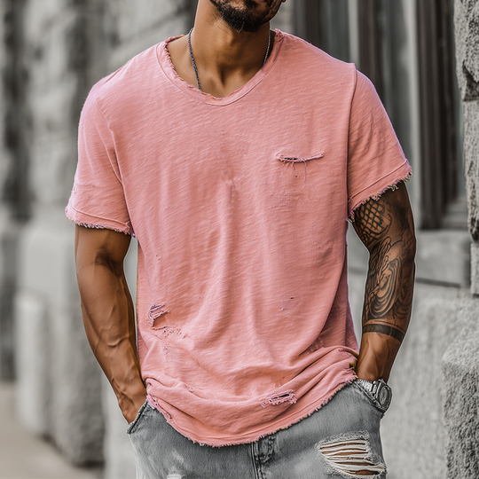 Men's Fashion Casual Bamboo Cotton Ripped Raw Edge Round Neck Short Sleeve T-shirt DTT25071819
