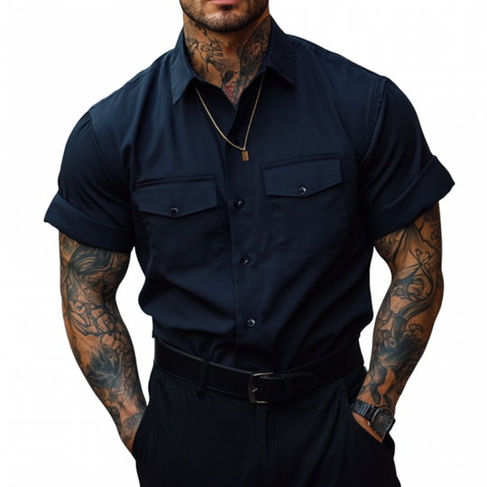 Men's Casual Breathable Cotton Lapel Chest Pocket Loose Short Sleeve Work Shirt DTT25060903
