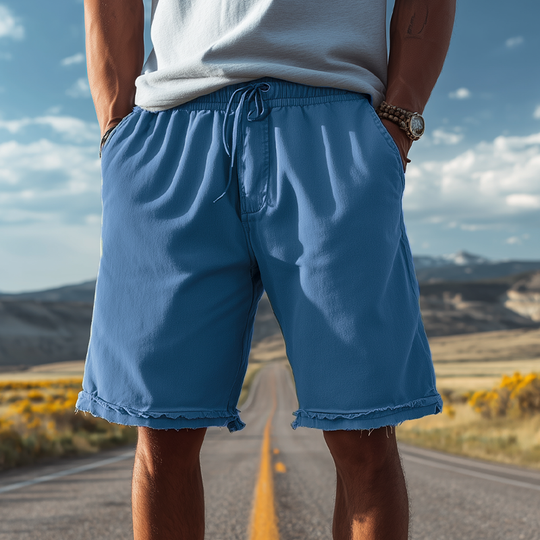Men's Classic Casual Cotton Blend Washed Trousers With Raw Edges And Elastic Waist Shorts DTT25072812
