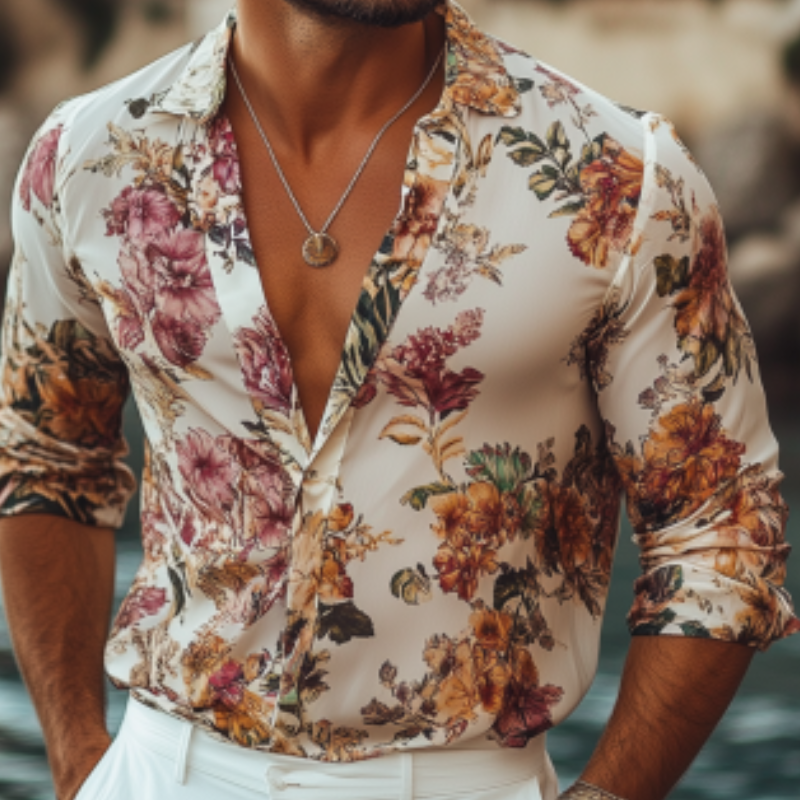 Men's Fashion Italian Sicilian Style Chiffon Printed Long Sleeve Shirt 9918991139000