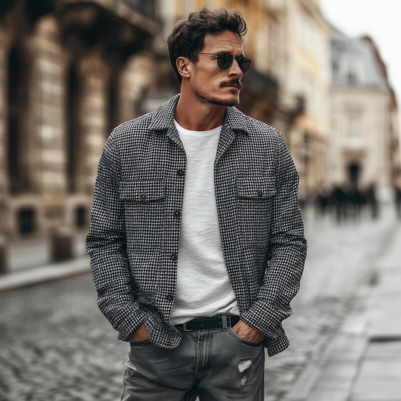 Men's Vintage Houndstooth Lapel Single-Breasted Flap Chest Pocket Loose Long Sleeve Shirt Jacket DTT25082720
