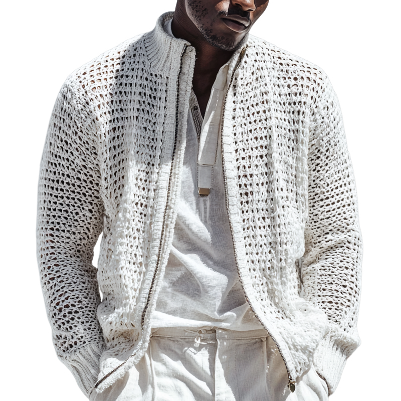 Men's Fashion Openwork Knit Stand Collar Zipper Jacket Cardigan DTT25082816