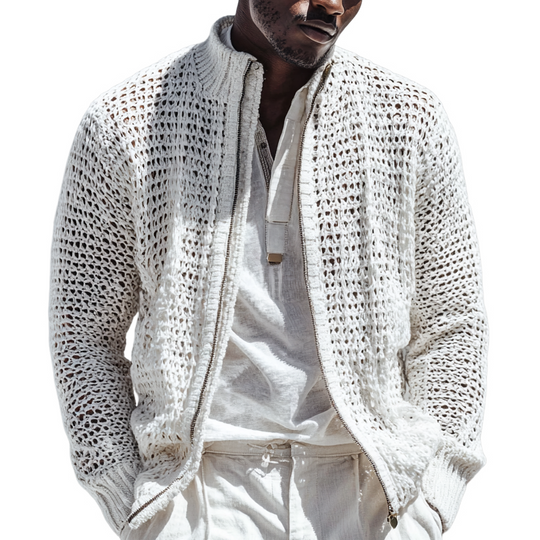 Men's Fashion Openwork Knit Stand Collar Zipper Jacket Cardigan DTT25082816