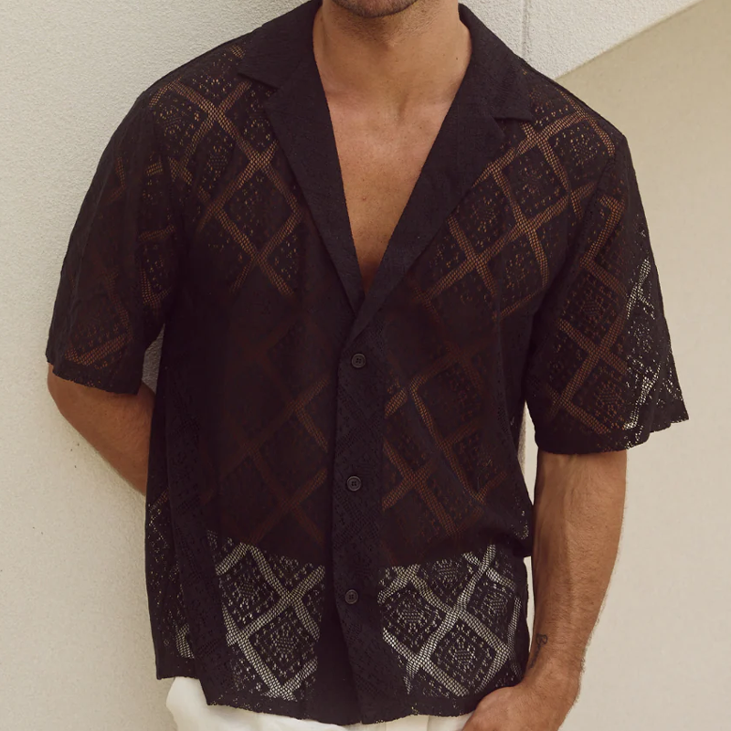 Men's Spring And Summer Fashion Casual Lace Slightly Transparent Sexy Short-sleeved Shirt DTT25070801