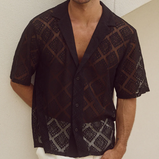 Men's Spring And Summer Fashion Casual Lace Slightly Transparent Sexy Short-sleeved Shirt DTT25070801