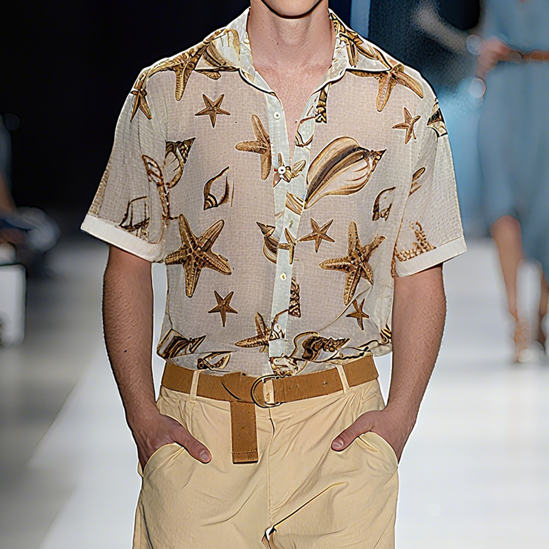 Men's Spring And Summer Fashion Casual Slightly Transparent Cool Chiffon Printed Short-sleeved Shirt DTT25062513