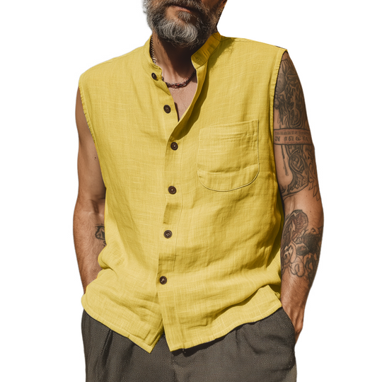 Men's Casual Breathable Linen Stand Collar Patch Pocket Loose Sleeveless Shirt DTT25070411