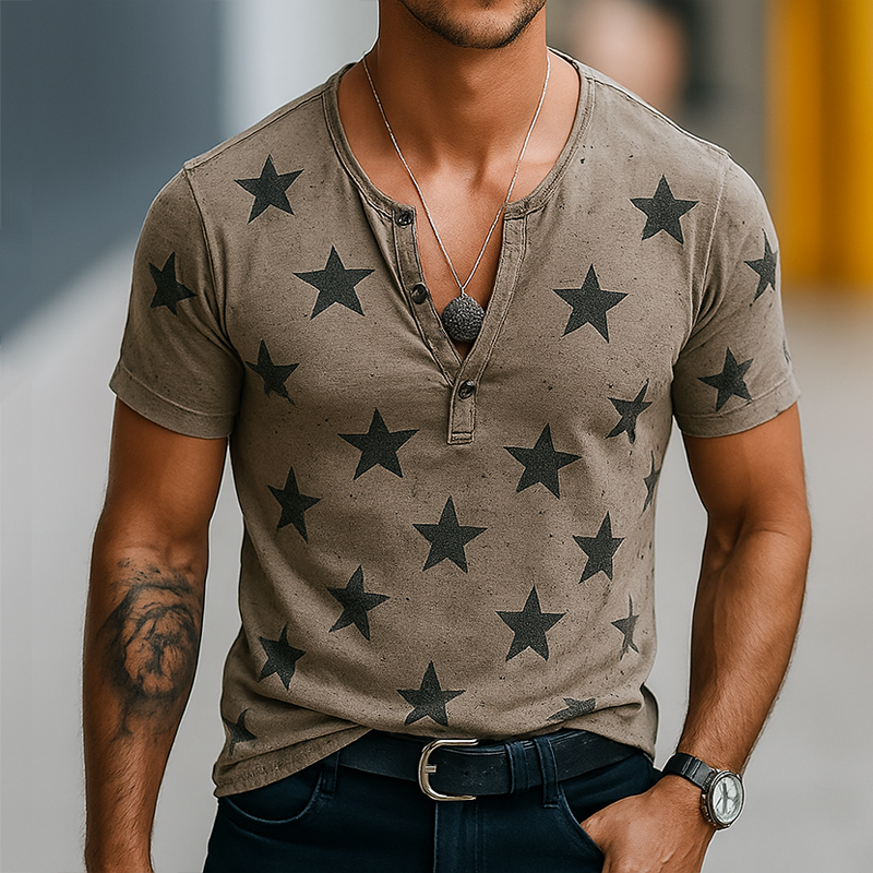 Men's Vintage Destroyed Stars Print Henley Short Sleeve T-Shirt DTT25071003