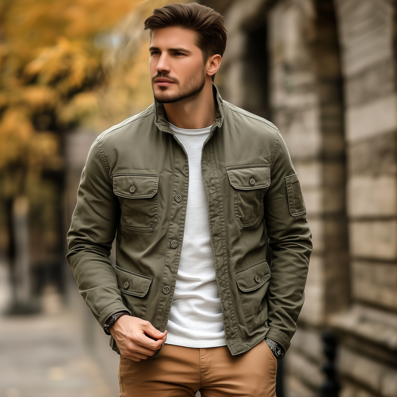 Men's Casual Outdoor Solid Color Breathable Cotton Washed Stand Collar Multi-pocket Workwear Jacket DTT25073118
