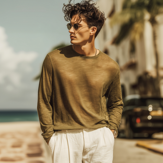 Men's Casual Breathable Soft Cotton Round Neck Loose Long Sleeve T-shirt DTT25071113