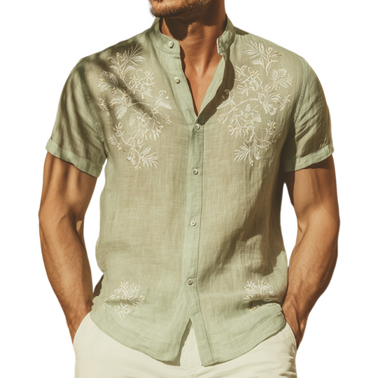 Men's Summer Classic Cotton Embroidered Stand Collar Short Sleeve Shirt DTT25071417