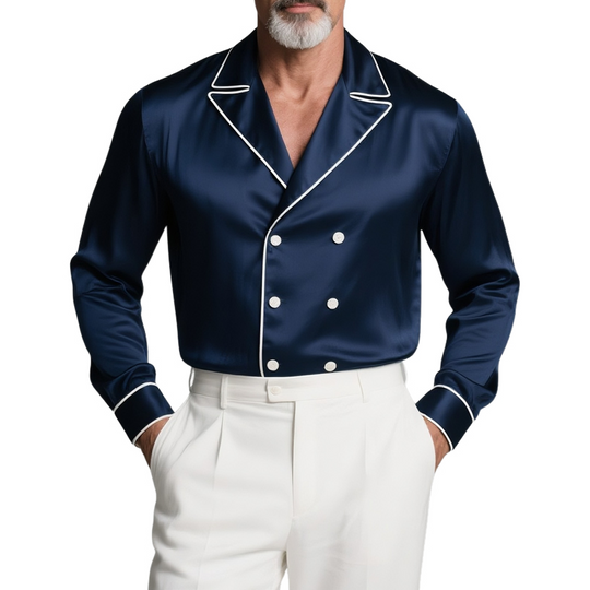 Men's White Trim Lapel Double Breasted Long Sleeve Satin Shirt DTT25072910