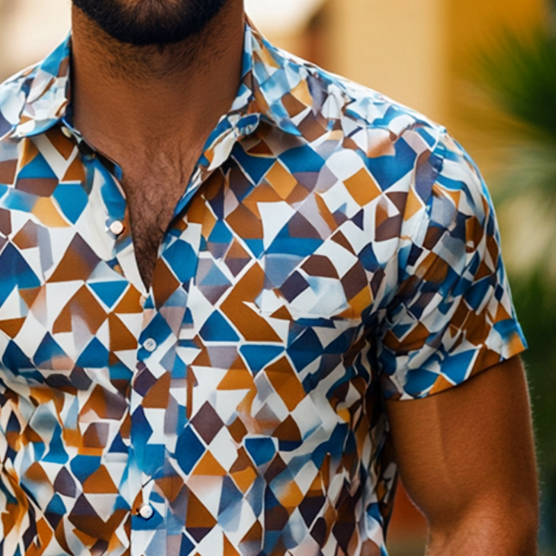 Men's Retro Casual Geometric Print Lapel Short Sleeve Shirt 9911546249400